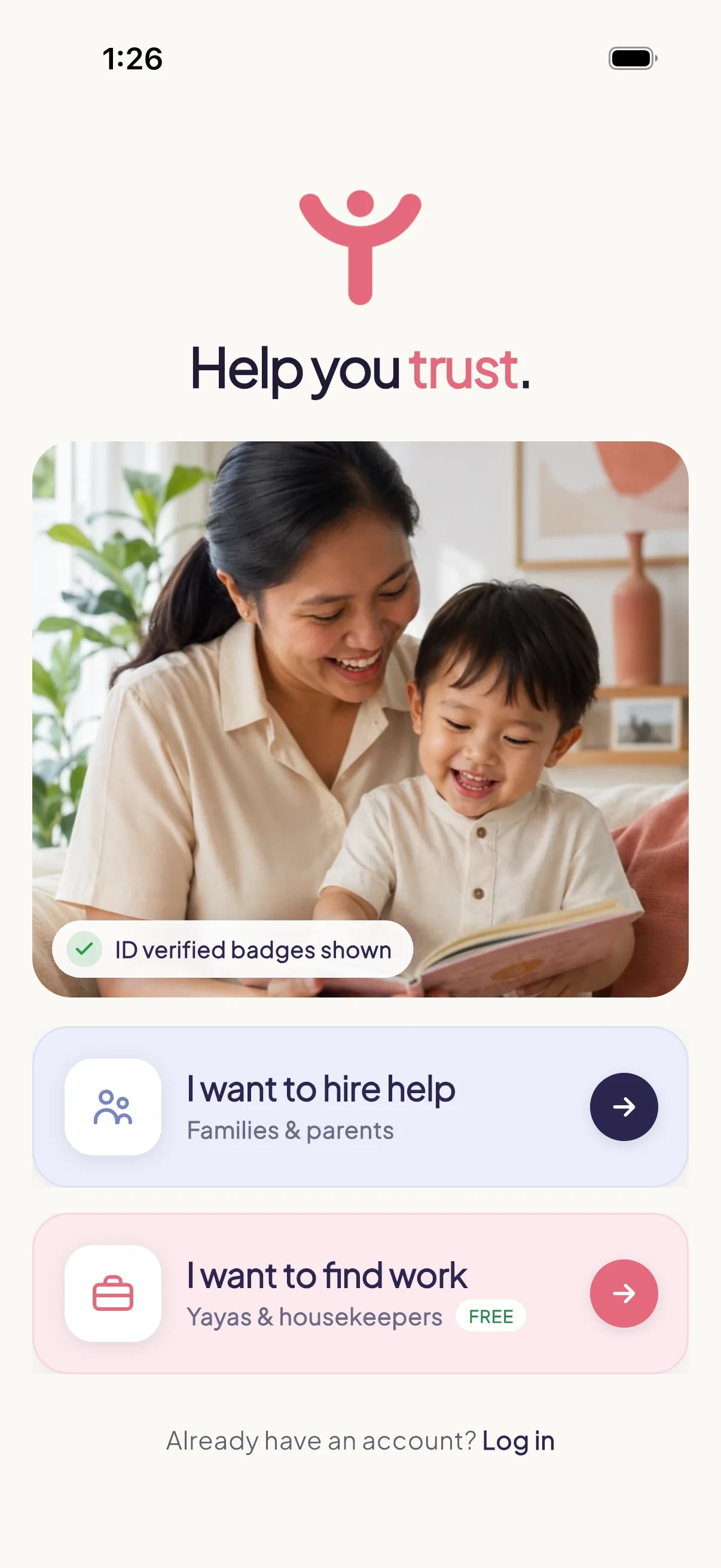 The Pinoyaya app welcome screen for hiring a verified yaya, nanny, babysitter, or housekeeper in the Philippines