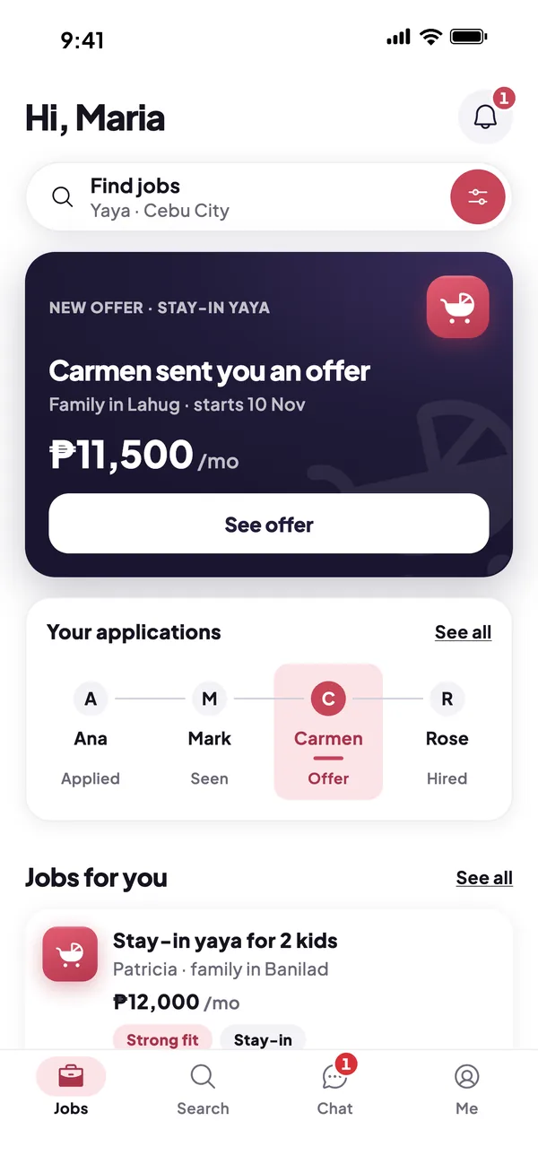 Pinoyaya helper home: a family sent an offer of ₱11,500 a month, with your applications below