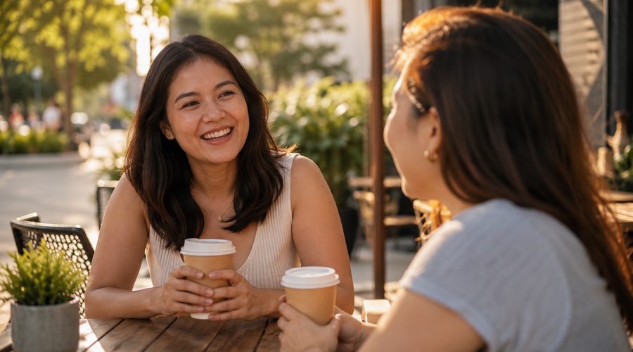 Two Filipino women laughing and talking over takeaway coffee at an outdoor café table, the kind of conversation that helps you read a candidate before hiring a yaya