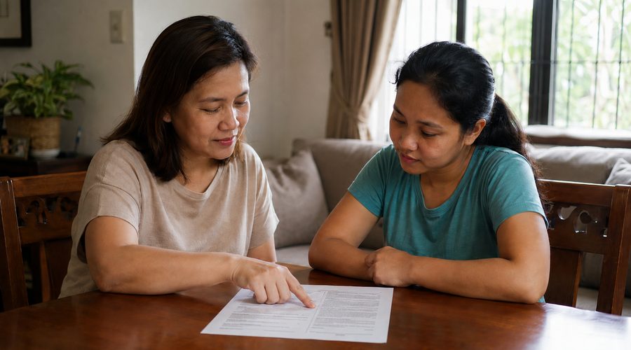 Two Filipino women reviewing a printed contract together at a wooden table, going through the terms of a kasambahay agreement