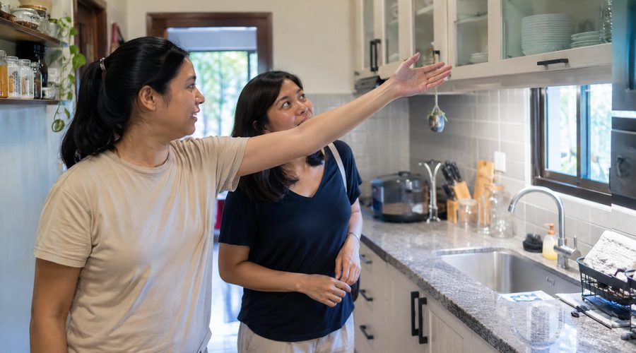 Two women in a kitchen as one points out where things are kept, walking through the home during the first week together