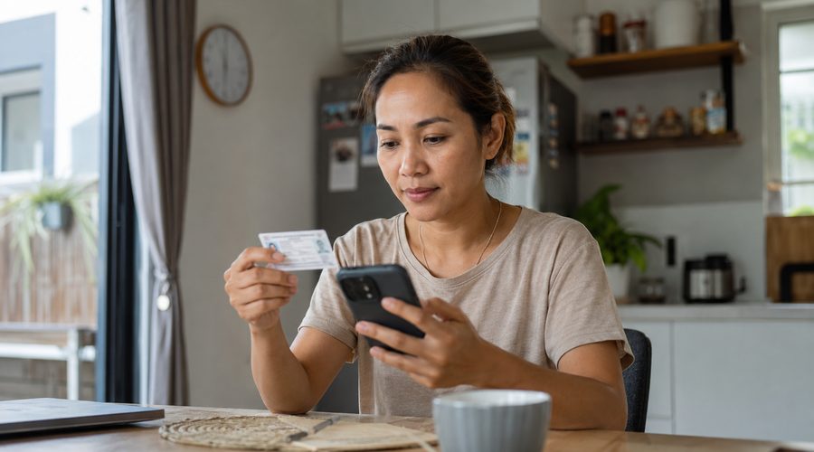 A Filipina helper at her kitchen table holding her government ID up beside her phone, the identity check behind a verified Pinoyaya profile