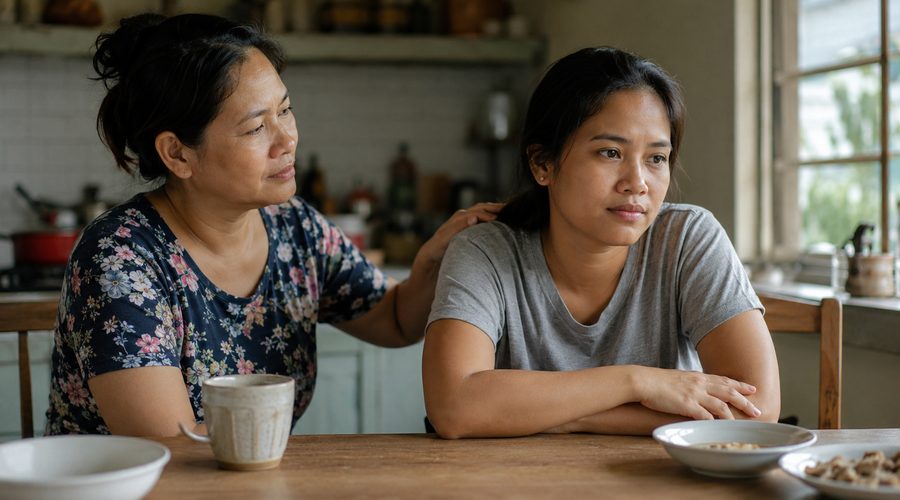An older woman rests a comforting hand on a younger woman's shoulder during a difficult conversation at the kitchen table