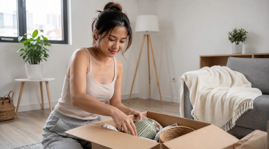 A woman smiling as she unpacks a moving box in a bright living room, settling into a live-in arrangement