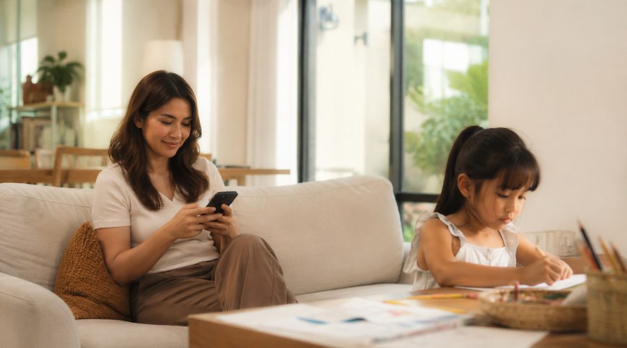 A mother checks her phone on the couch while her daughter draws at a table nearby, the small daily check-ins that matter most when family works far apart
