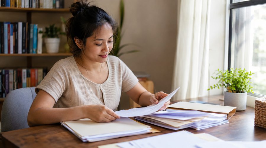 A Filipina helper going through paperwork at a sunlit home desk, working out what she is actually being paid