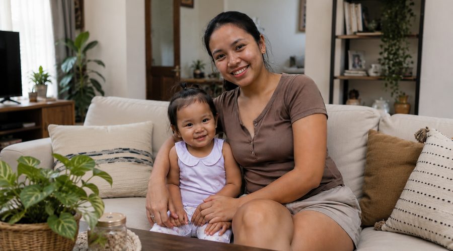 A mother and her toddler smiling together on a living room couch, the warmth families look for when a trial period is going well