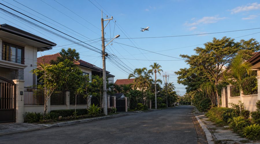 A quiet gated subdivision street in Parañaque with an aircraft climbing overhead